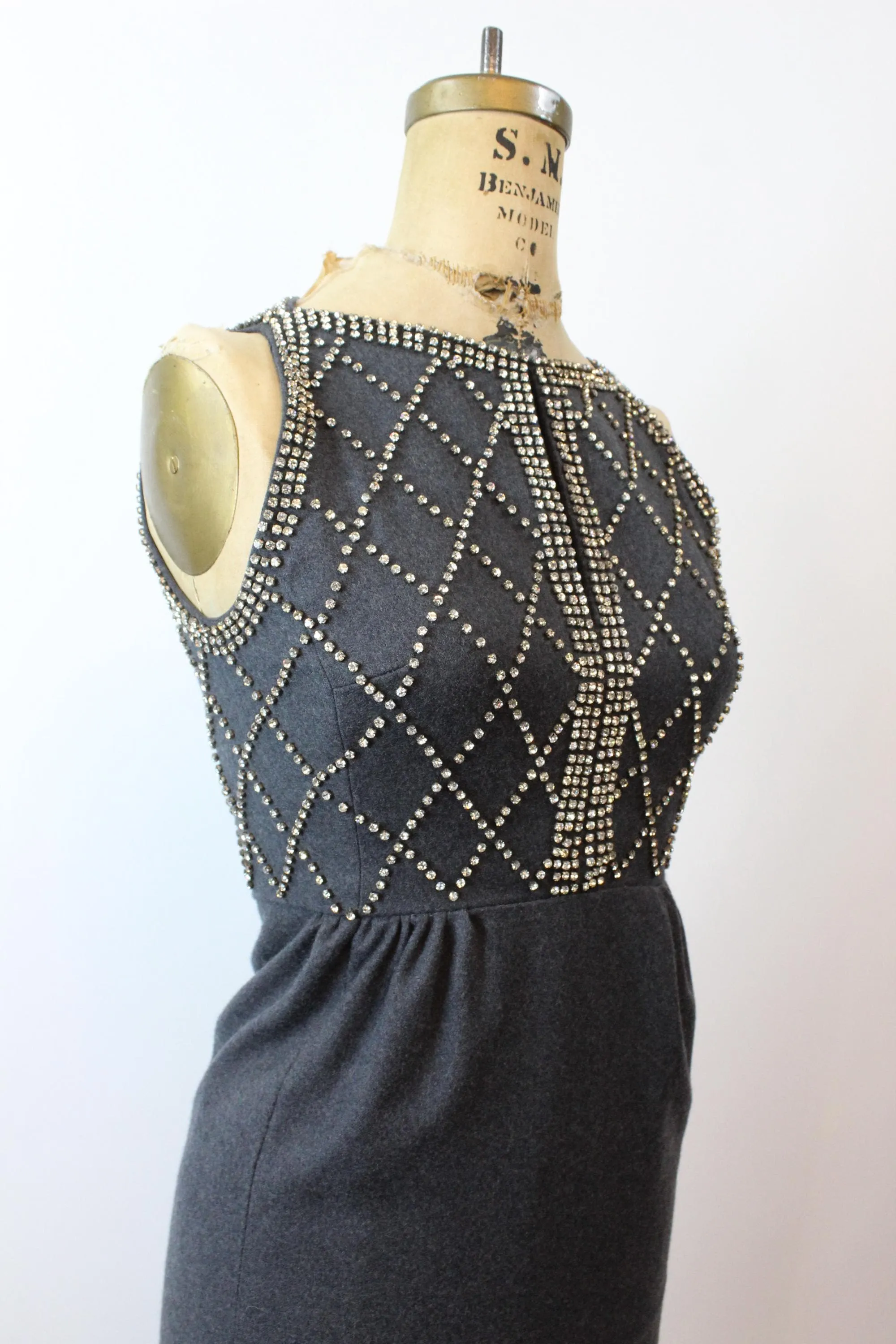 1960s RHINESTONE gray wool dress xxs | new fall winter