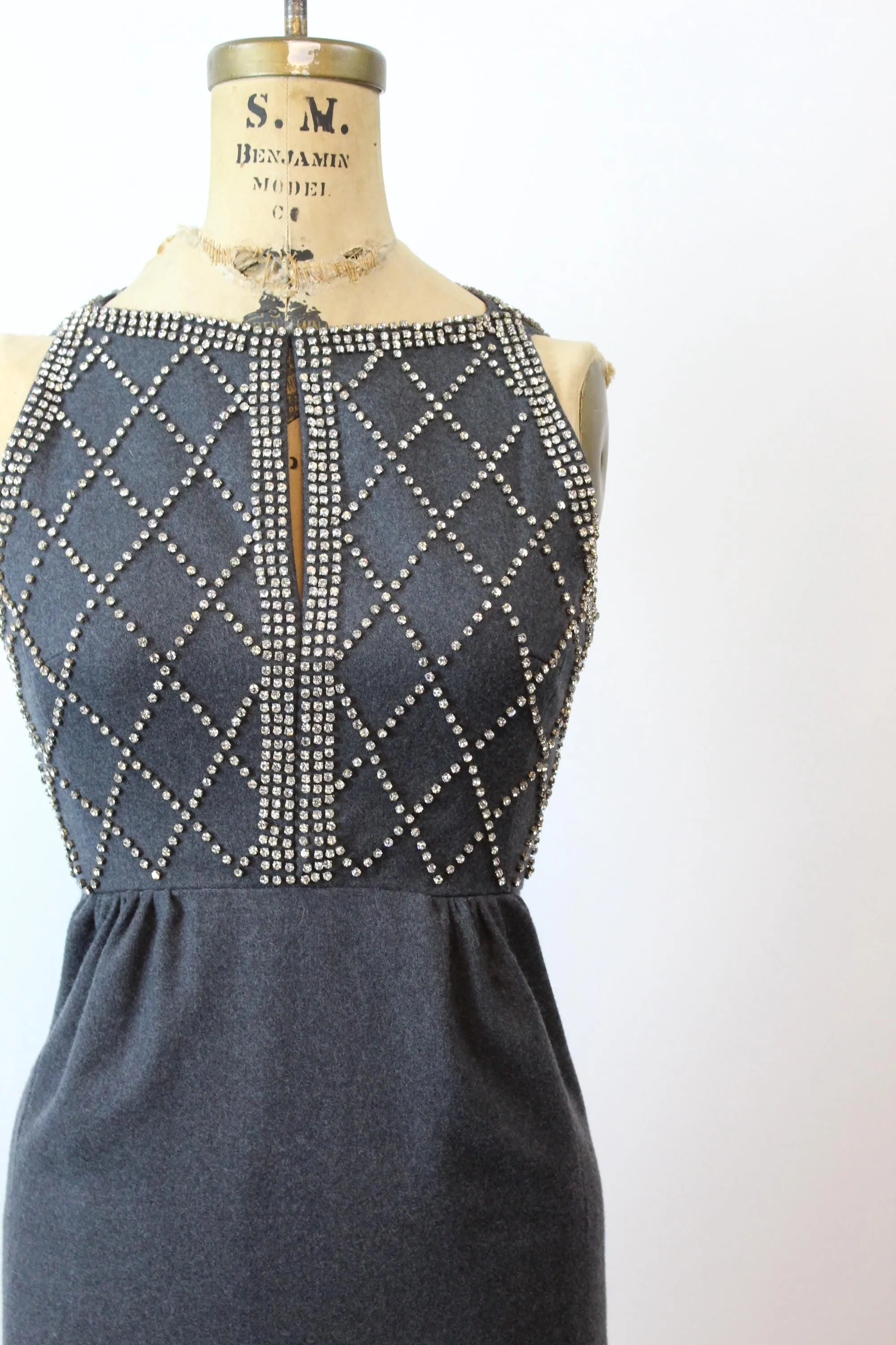 1960s RHINESTONE gray wool dress xxs | new fall winter