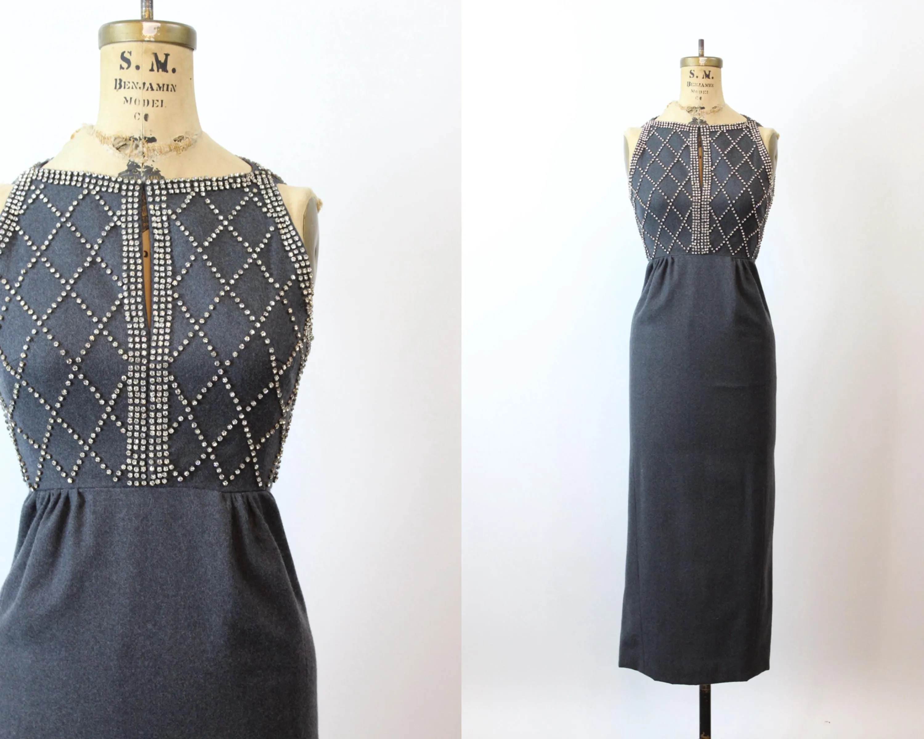 1960s RHINESTONE gray wool dress xxs | new fall winter