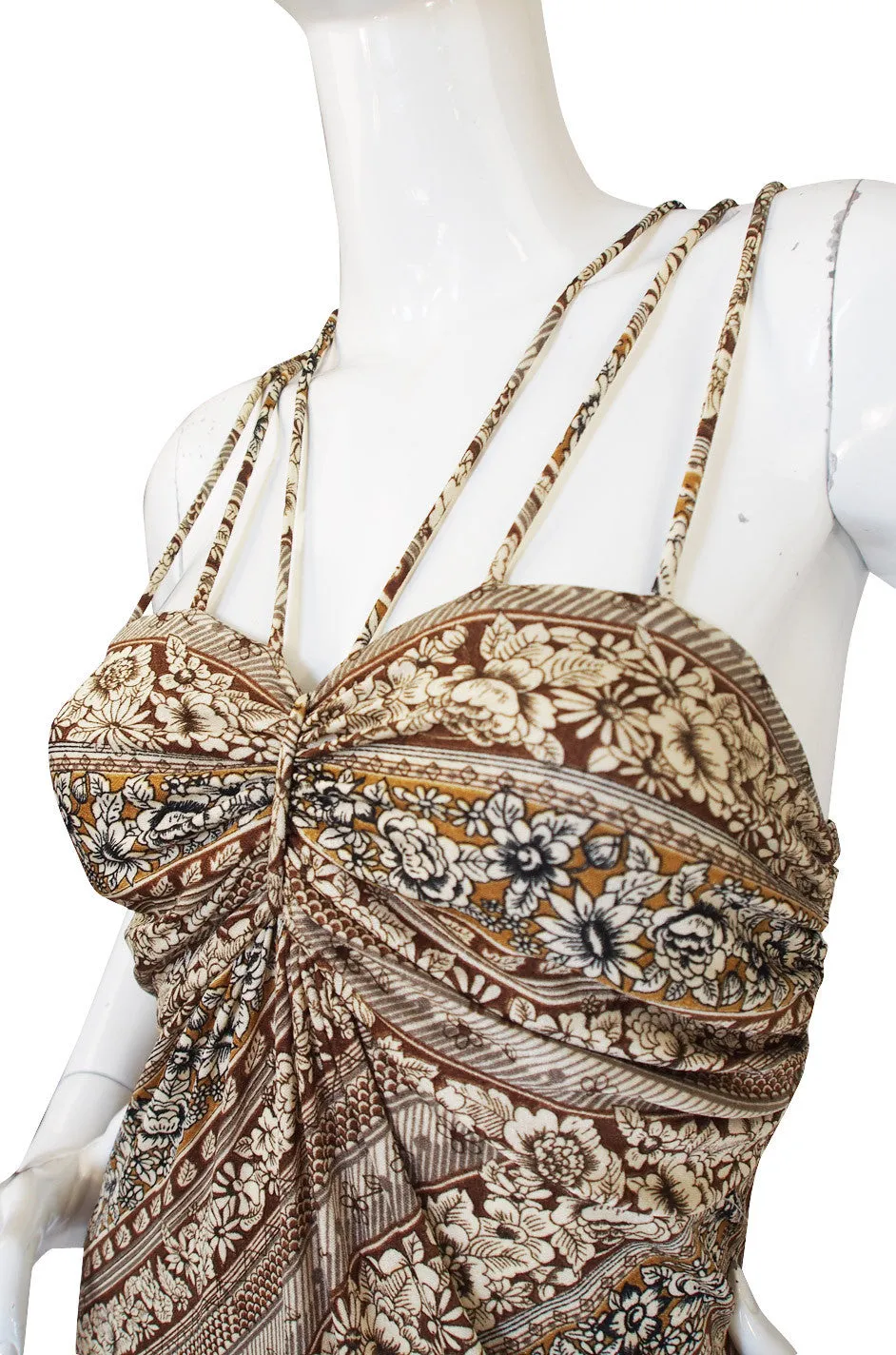 1970s Joy Stevens Printed Jersey Multi Strap Halter Dress