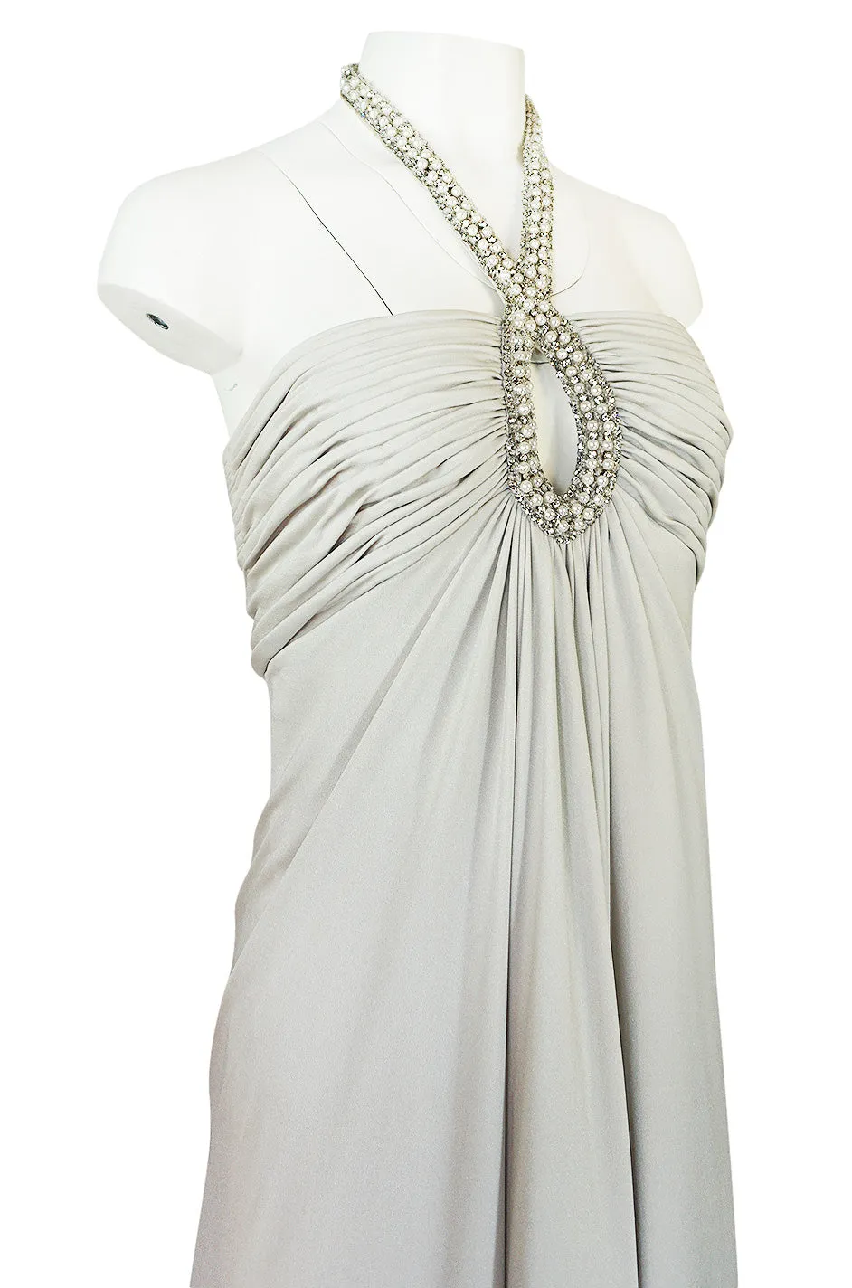 1970s Victoria Royal Pale Grey Jersey Dress w Jeweled Ring Collar