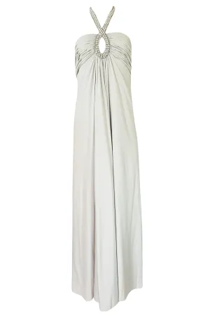 1970s Victoria Royal Pale Grey Jersey Dress w Jeweled Ring Collar