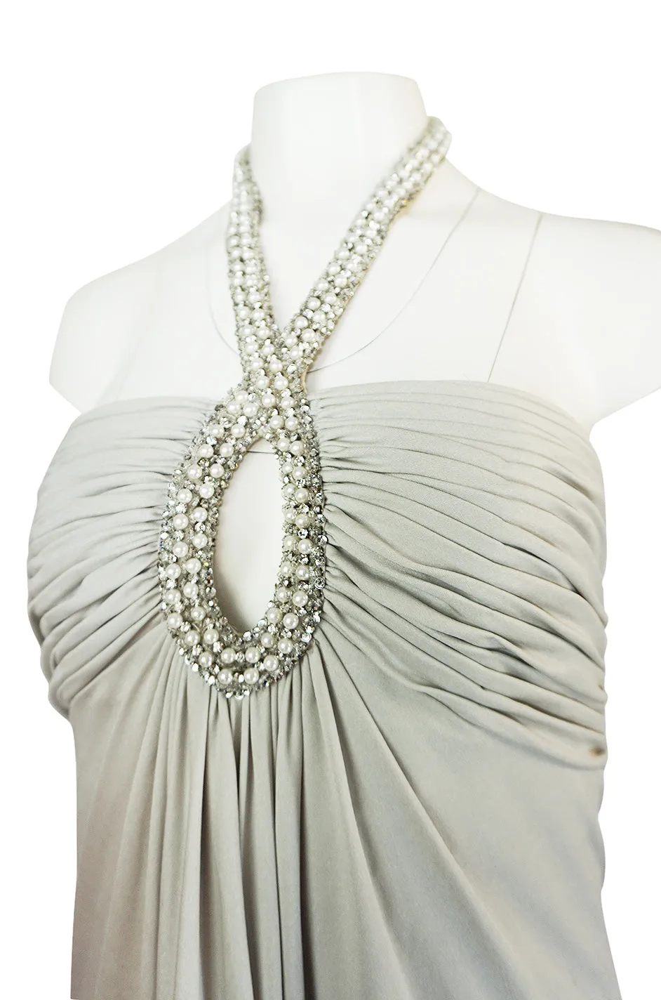 1970s Victoria Royal Pale Grey Jersey Dress w Jeweled Ring Collar