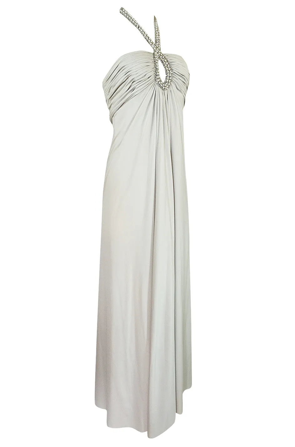 1970s Victoria Royal Pale Grey Jersey Dress w Jeweled Ring Collar