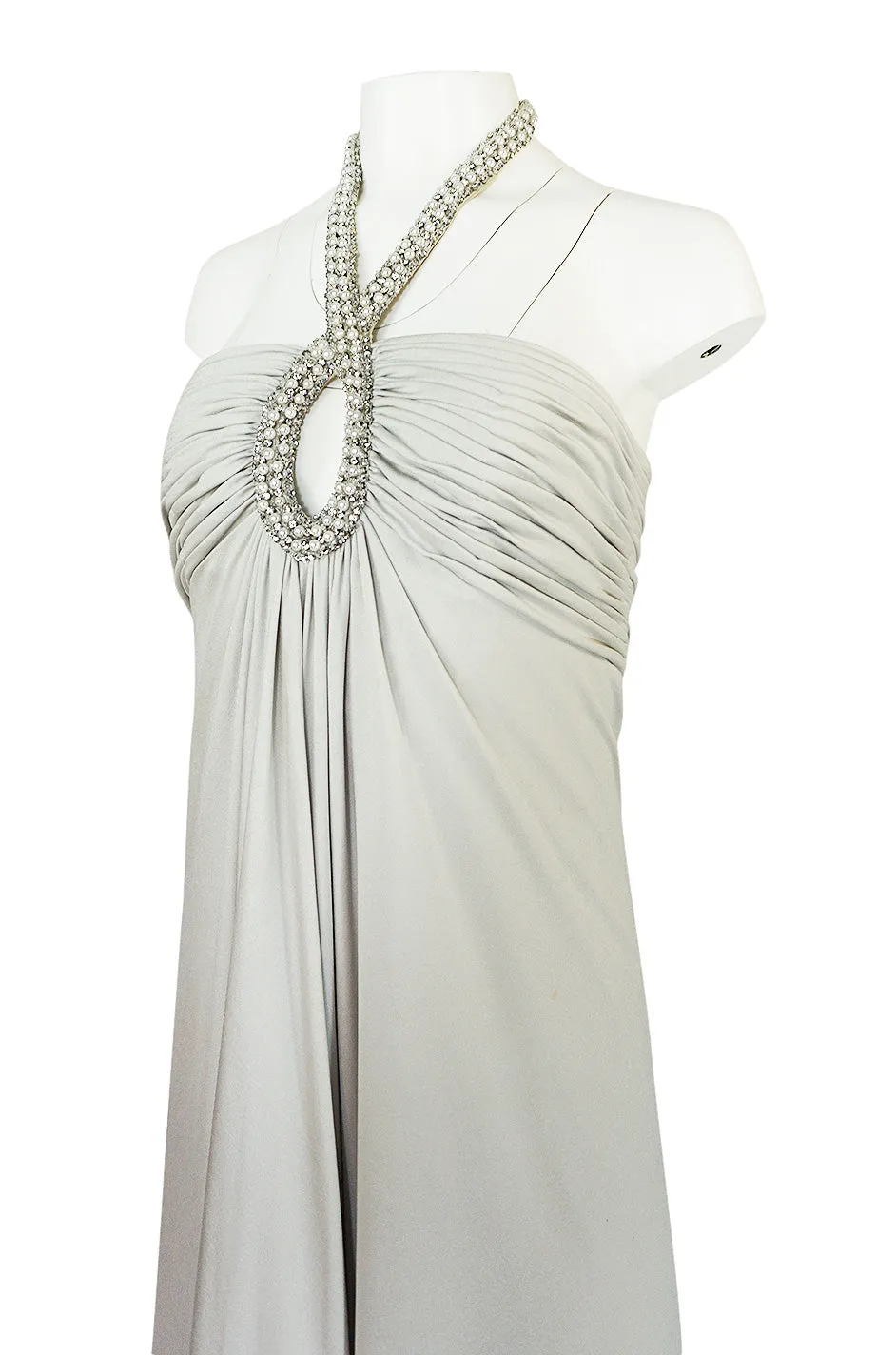 1970s Victoria Royal Pale Grey Jersey Dress w Jeweled Ring Collar