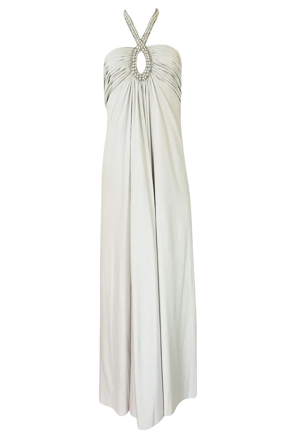 1970s Victoria Royal Pale Grey Jersey Dress w Jeweled Ring Collar