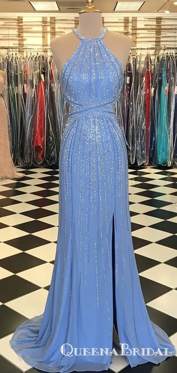 2019 Sheath Crew Long Light Blue Prom Dresses with Beading Split, QB0512