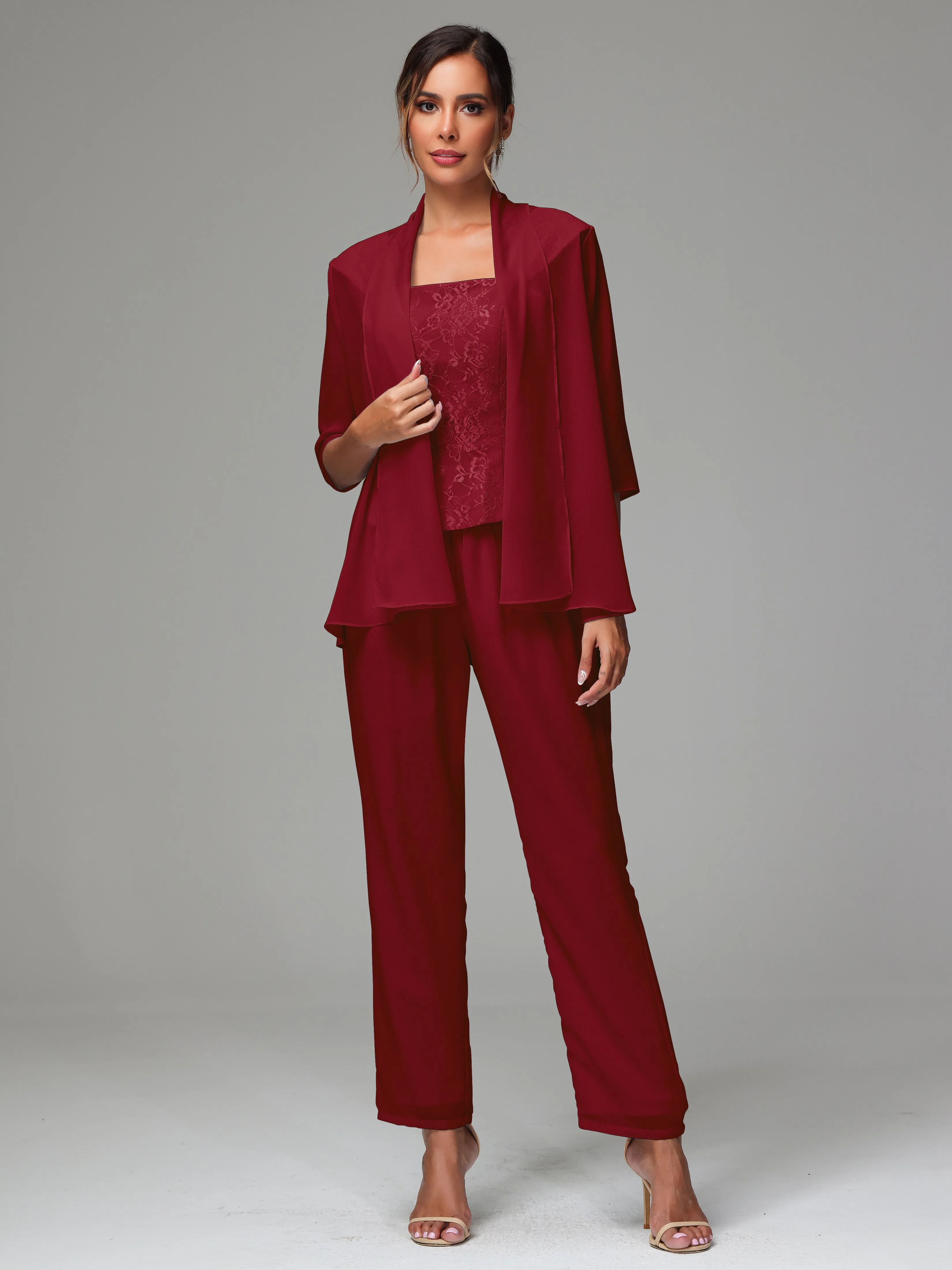 3 Pieces Chiffon Lace Long Sleeves Mother Of The Bride Dress Pants Suits