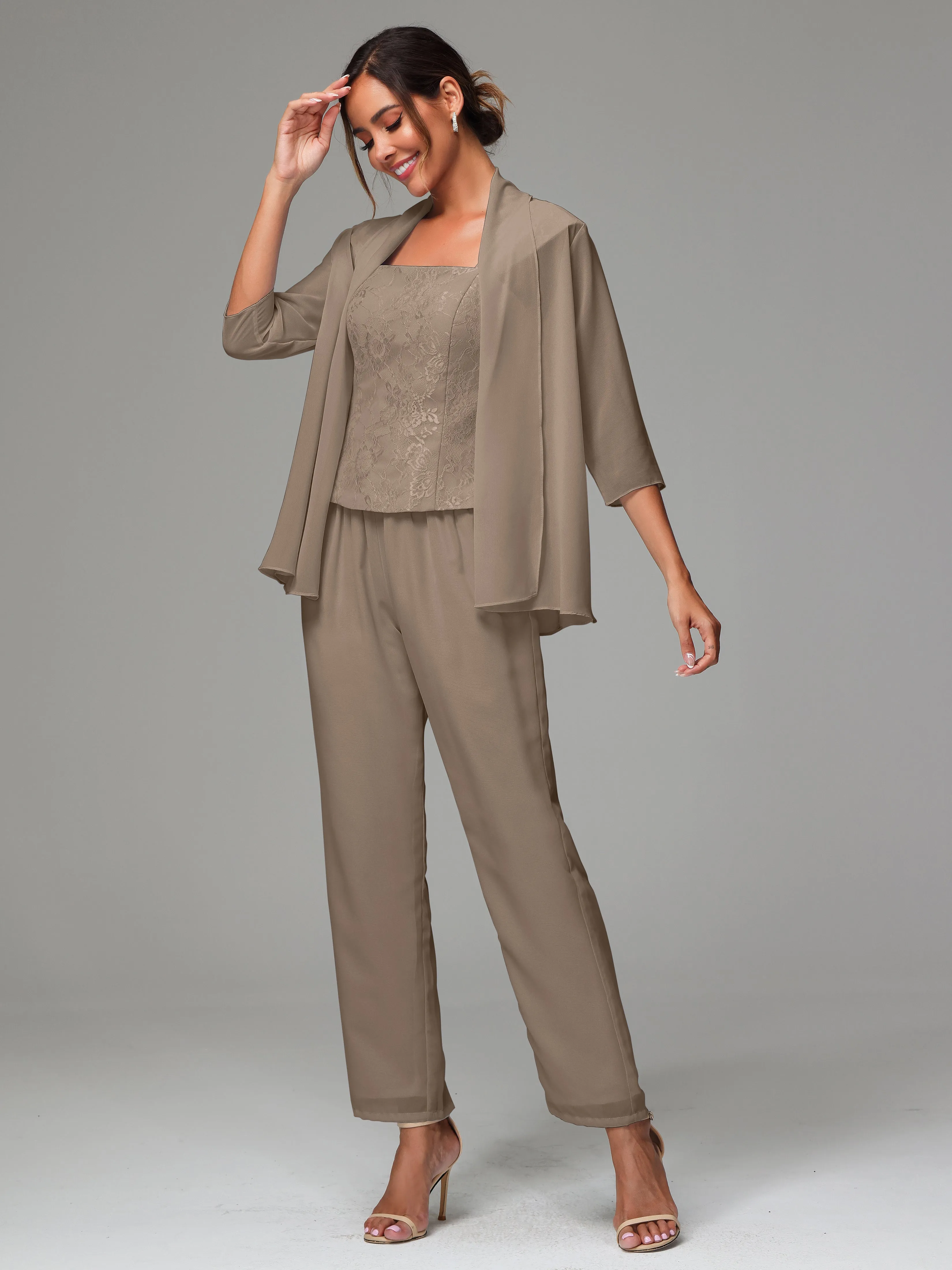 3 Pieces Chiffon Lace Long Sleeves Mother Of The Bride Dress Pants Suits