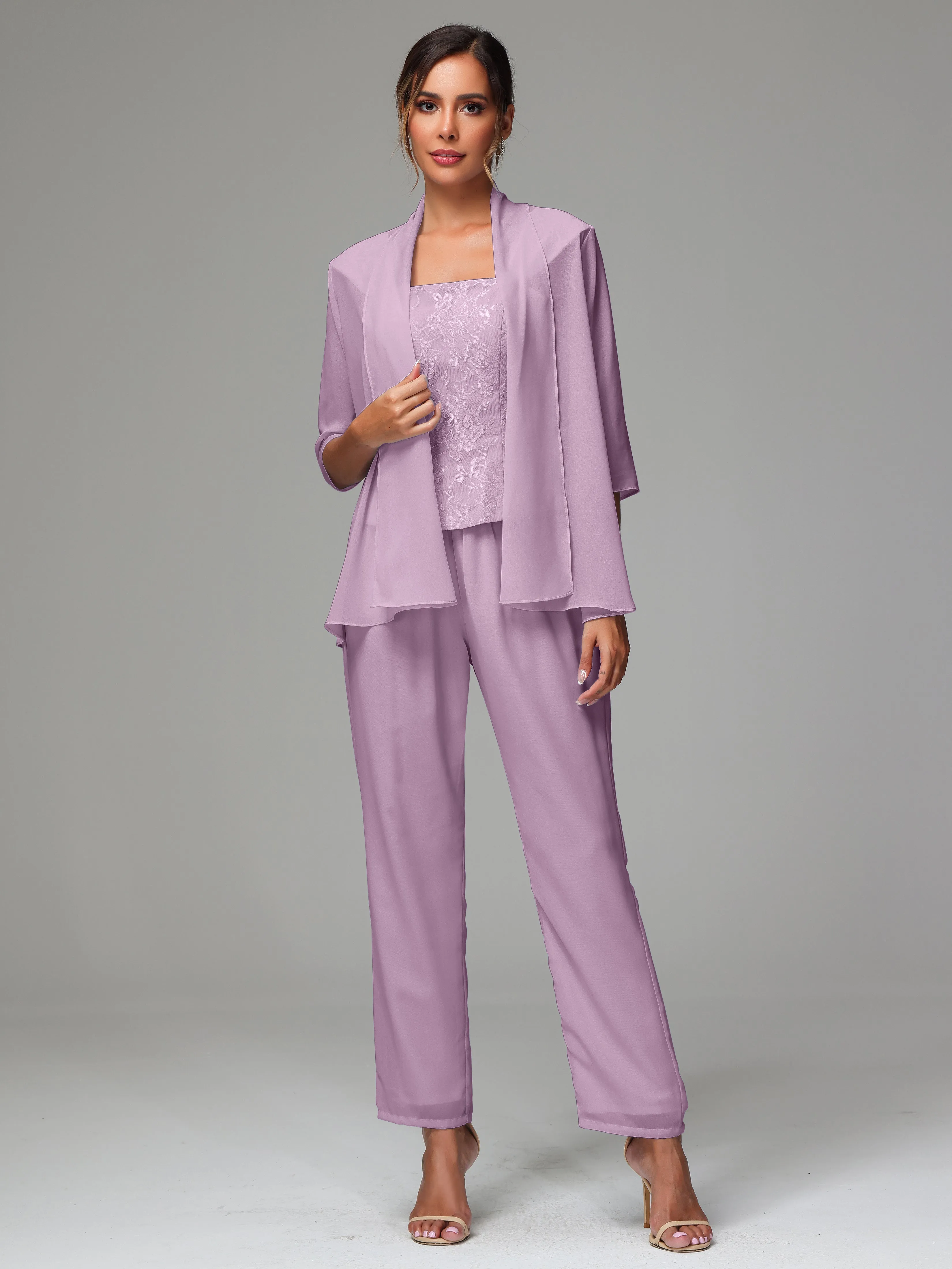 3 Pieces Chiffon Lace Long Sleeves Mother Of The Bride Dress Pants Suits