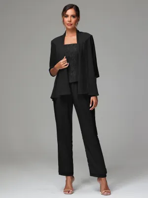 3 Pieces Chiffon Lace Long Sleeves Mother Of The Bride Dress Pants Suits