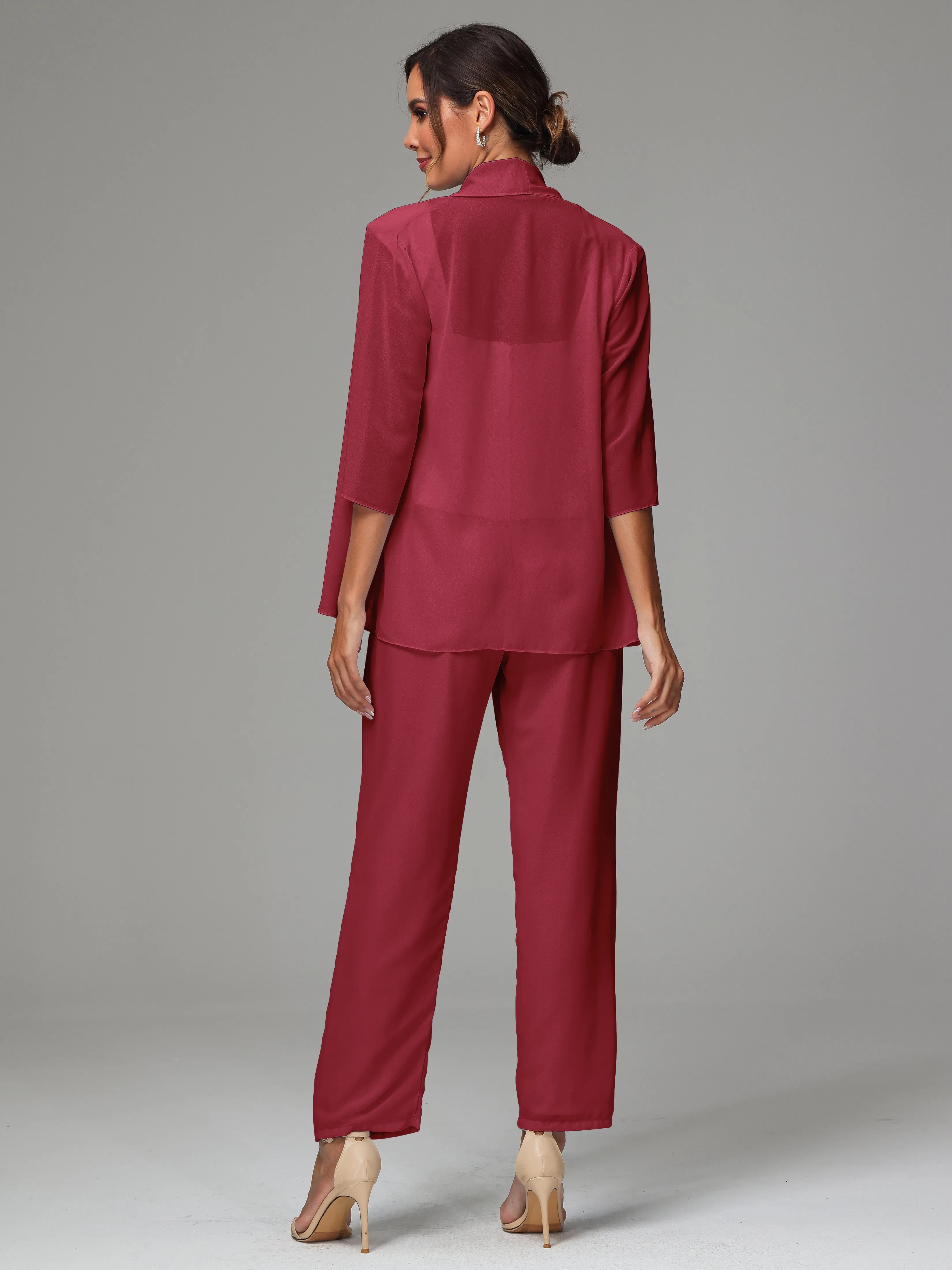 3 Pieces Chiffon Lace Long Sleeves Mother Of The Bride Dress Pants Suits
