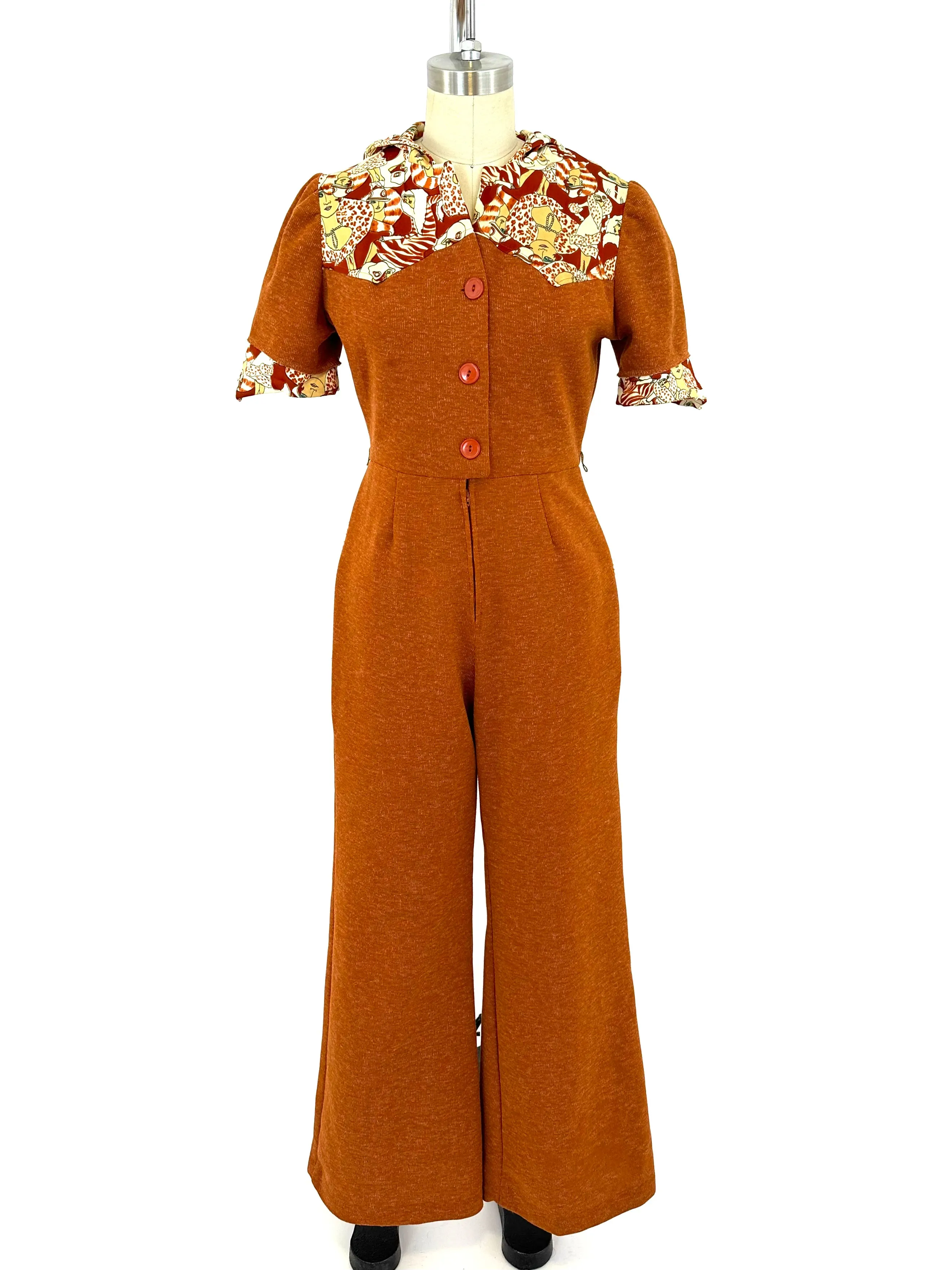 70s Novelty Print Hooded Jumpsuit