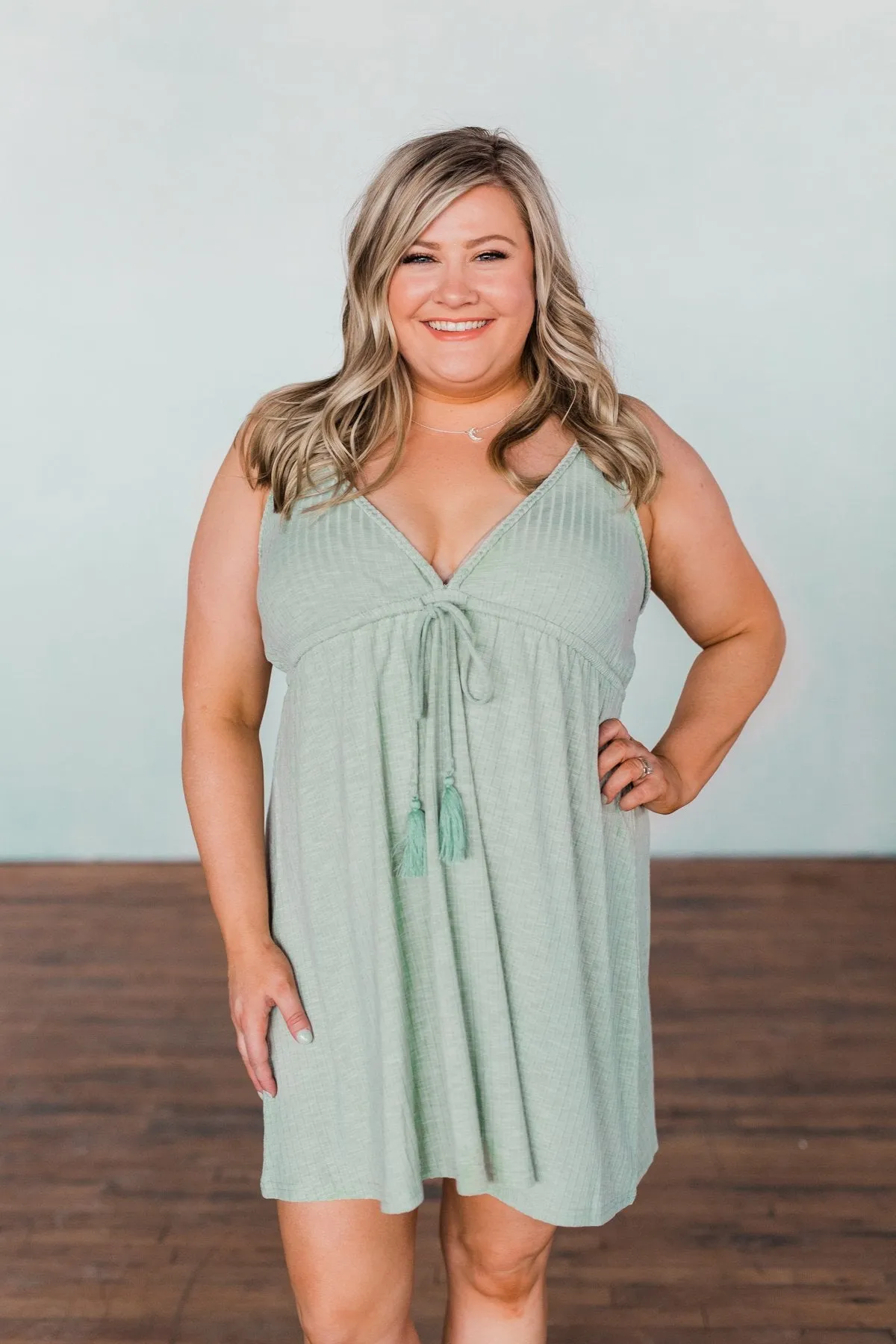 A Little Too Late V-Neck Dress- Sage