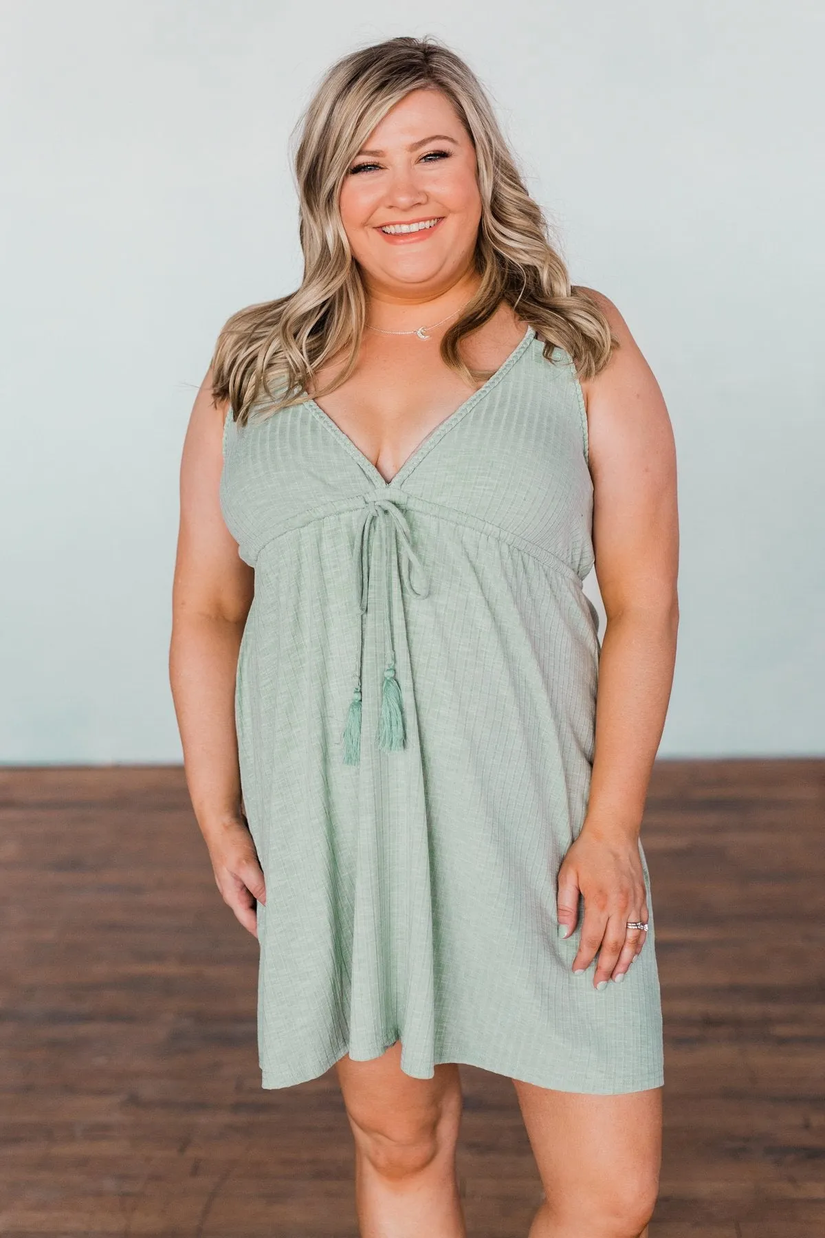 A Little Too Late V-Neck Dress- Sage