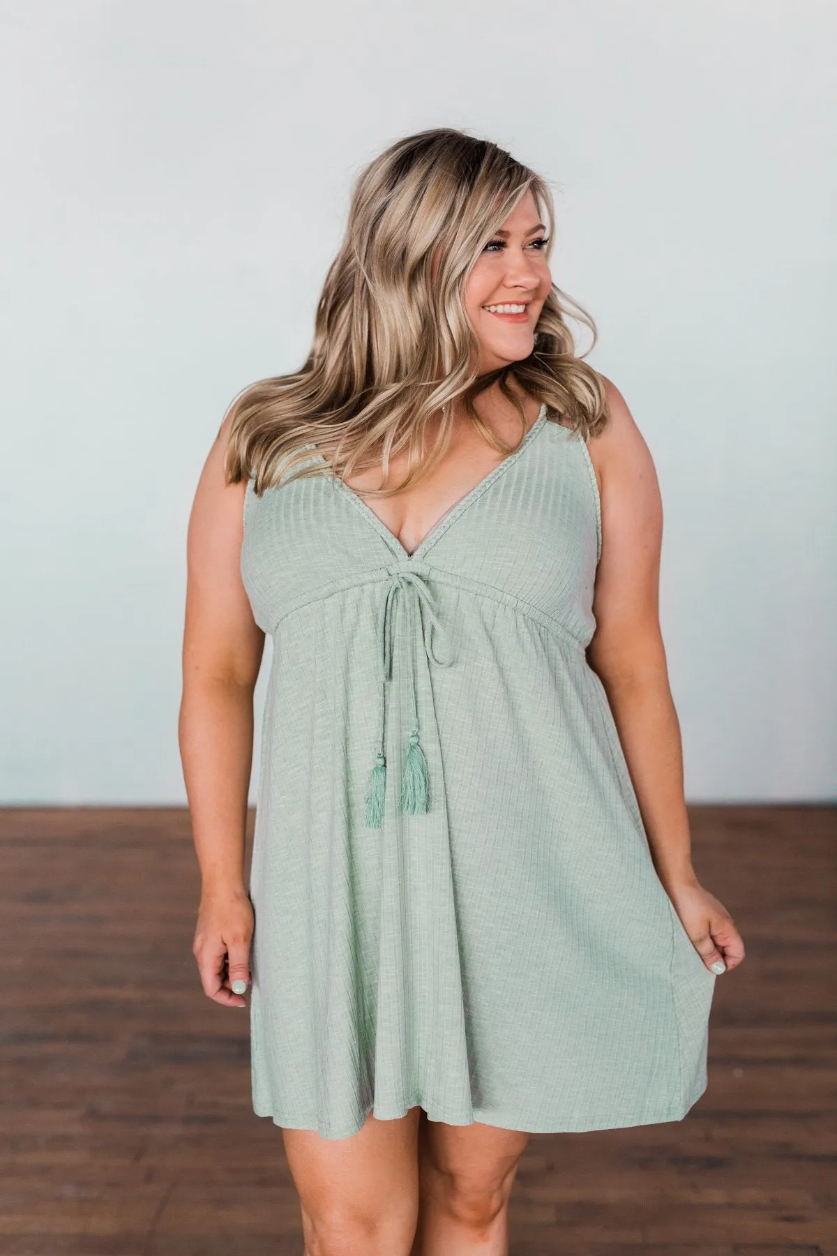 A Little Too Late V-Neck Dress- Sage