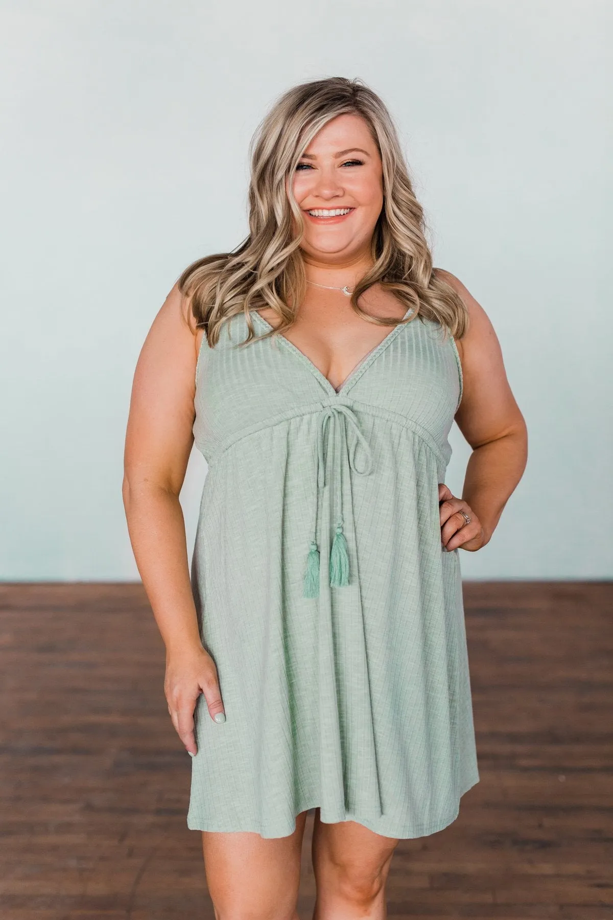 A Little Too Late V-Neck Dress- Sage