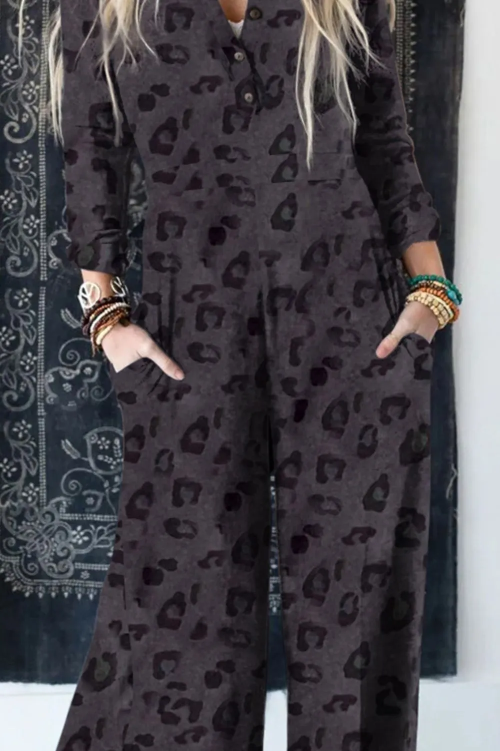 Annette Leopard Buttoned Wide Leg Jumpsuit