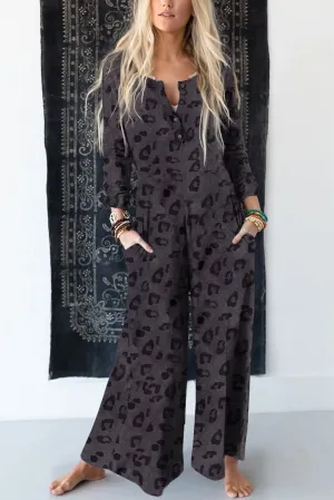 Annette Leopard Buttoned Wide Leg Jumpsuit