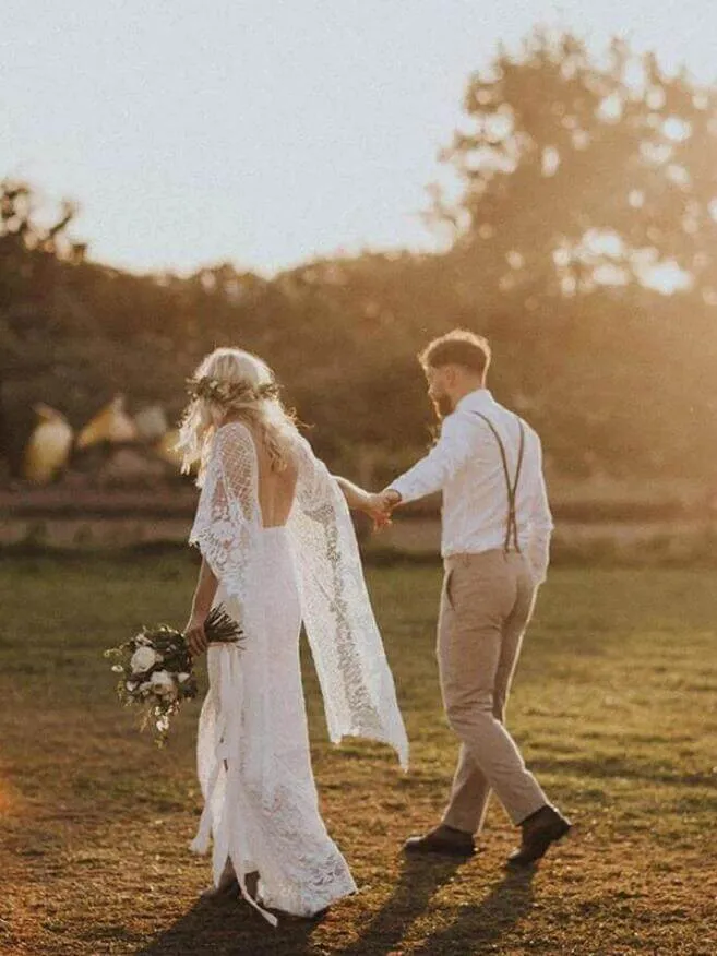 Batwing Sleeve Lace Rustic Wedding Dresses Ivory Sheath Boho Wedding Dresses,MW407