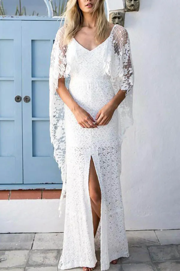 Batwing Sleeve Lace Rustic Wedding Dresses Ivory Sheath Boho Wedding Dresses,MW407