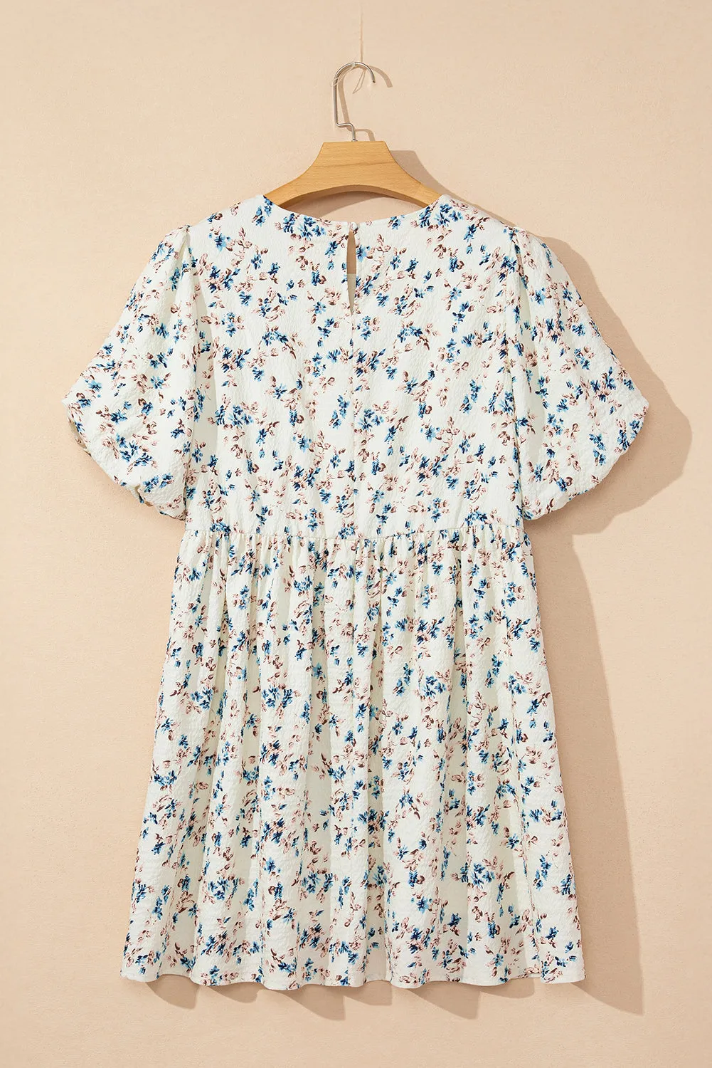 Beige Floral Puff Short Sleeve Empire Waist Mini Dress