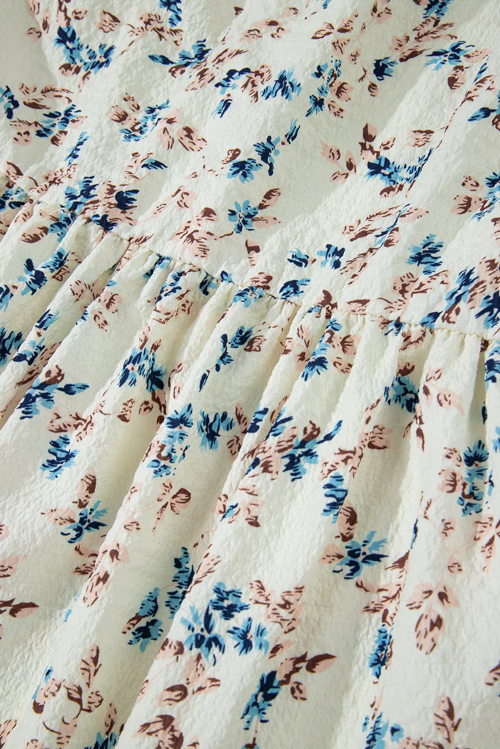 Beige Floral Puff Short Sleeve Empire Waist Mini Dress