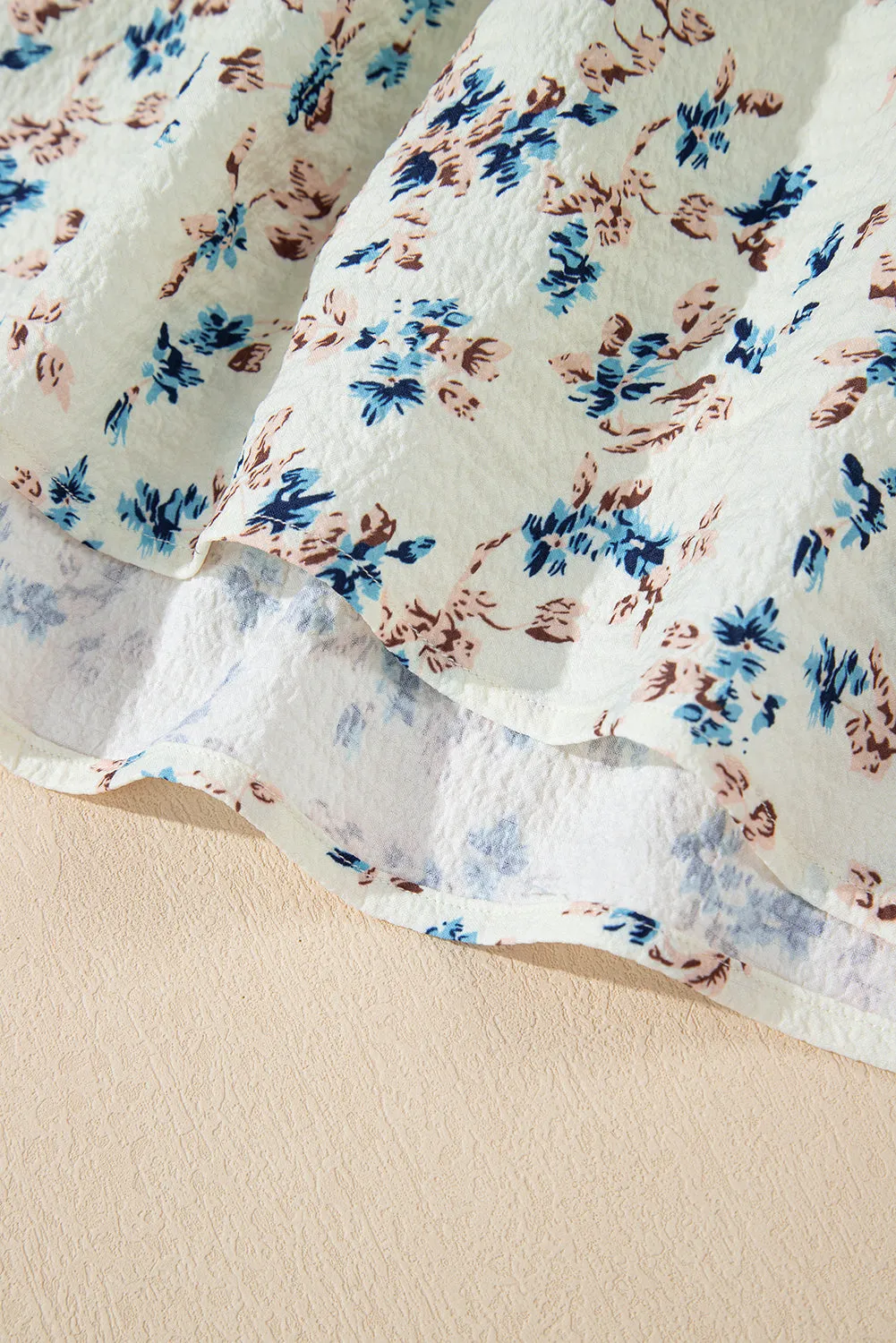 Beige Floral Puff Short Sleeve Empire Waist Mini Dress