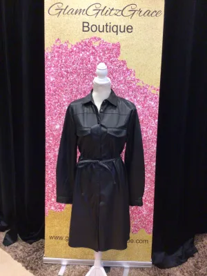 Black Button Down Faux Leather Dress With Tie Waist