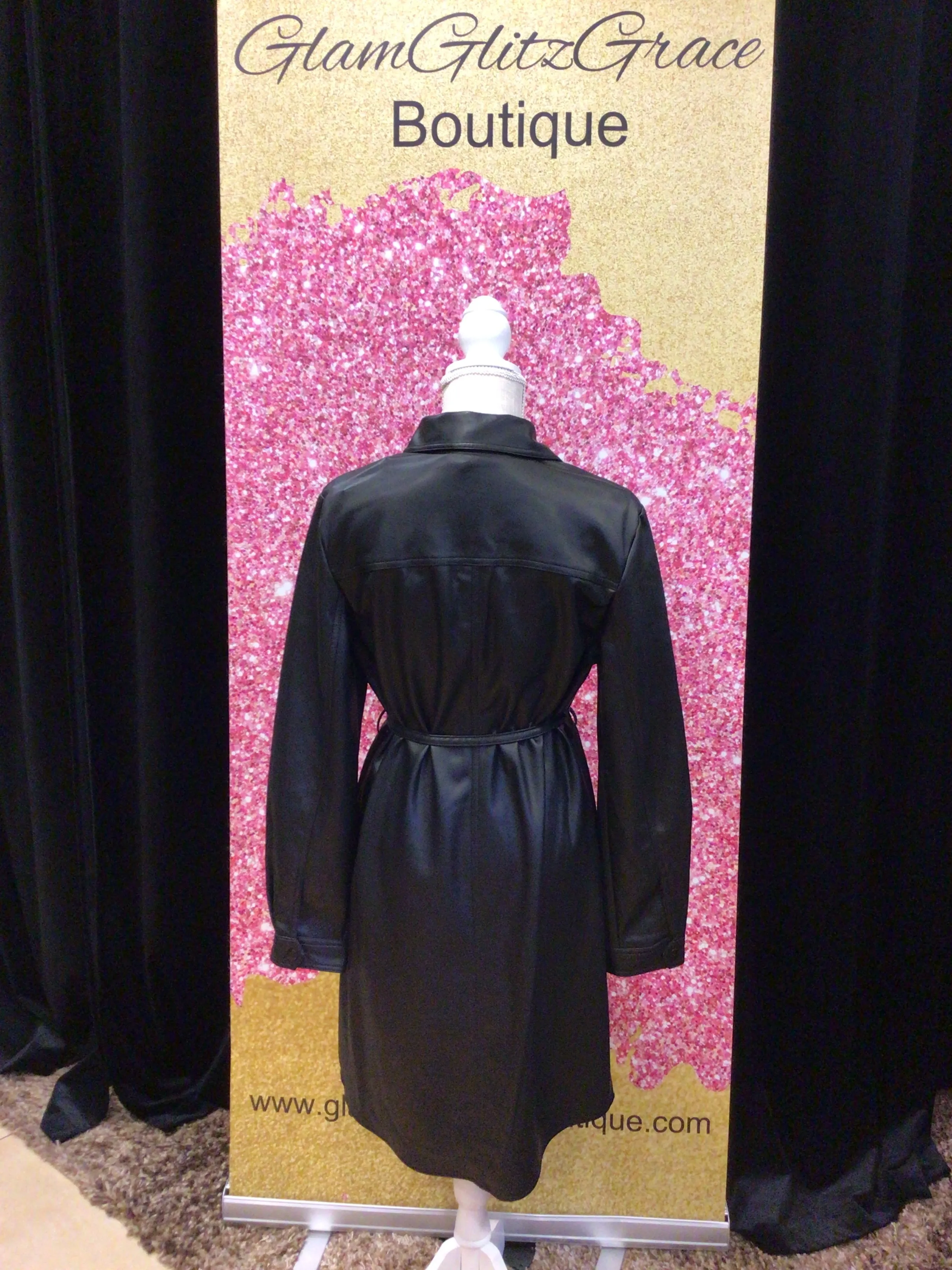 Black Button Down Faux Leather Dress With Tie Waist