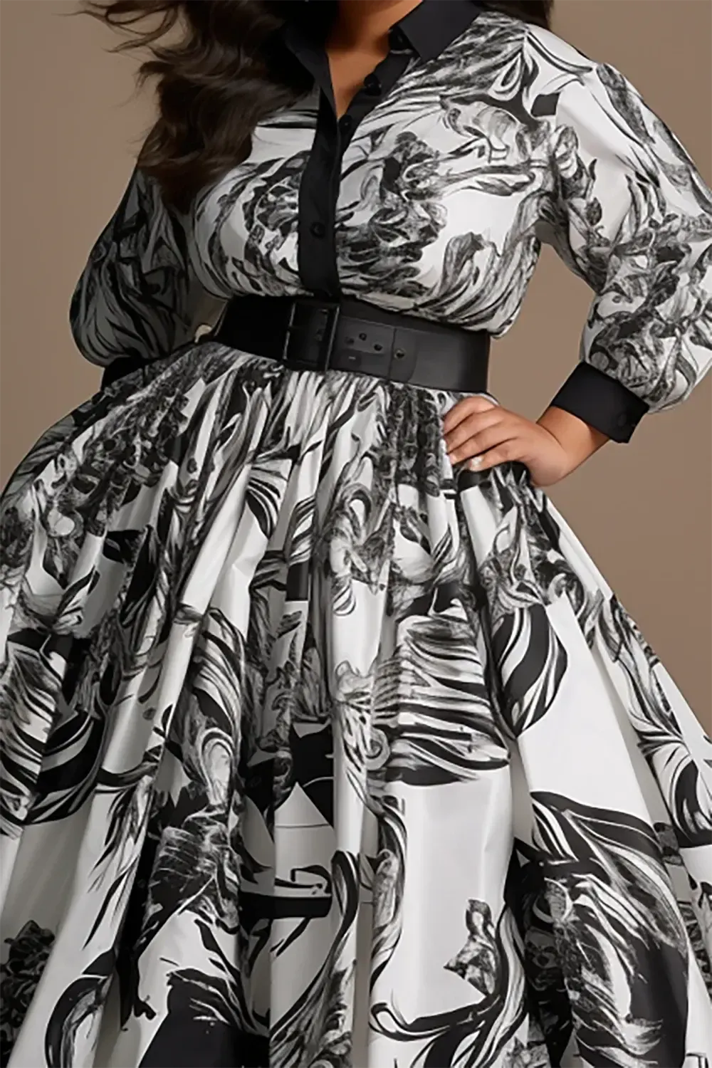 Black Floral Print Shirt  A-Line Dress