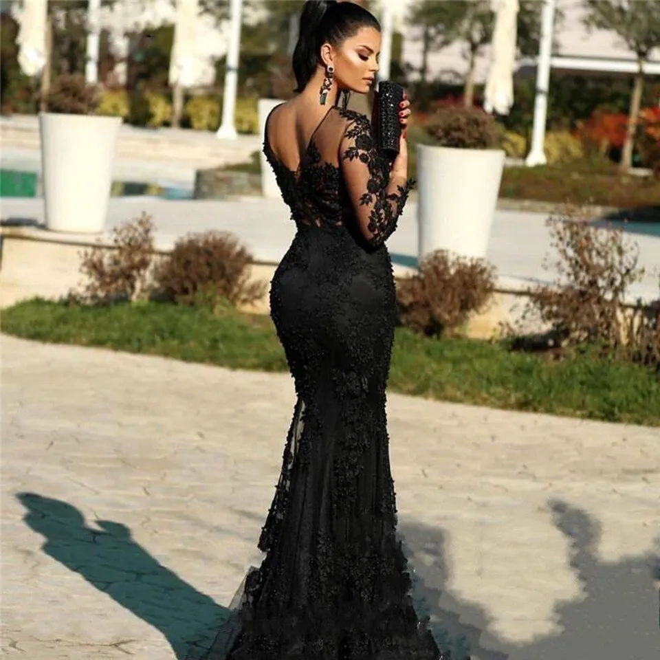 Black Long Lace Appliques Robe De Soiree Dress