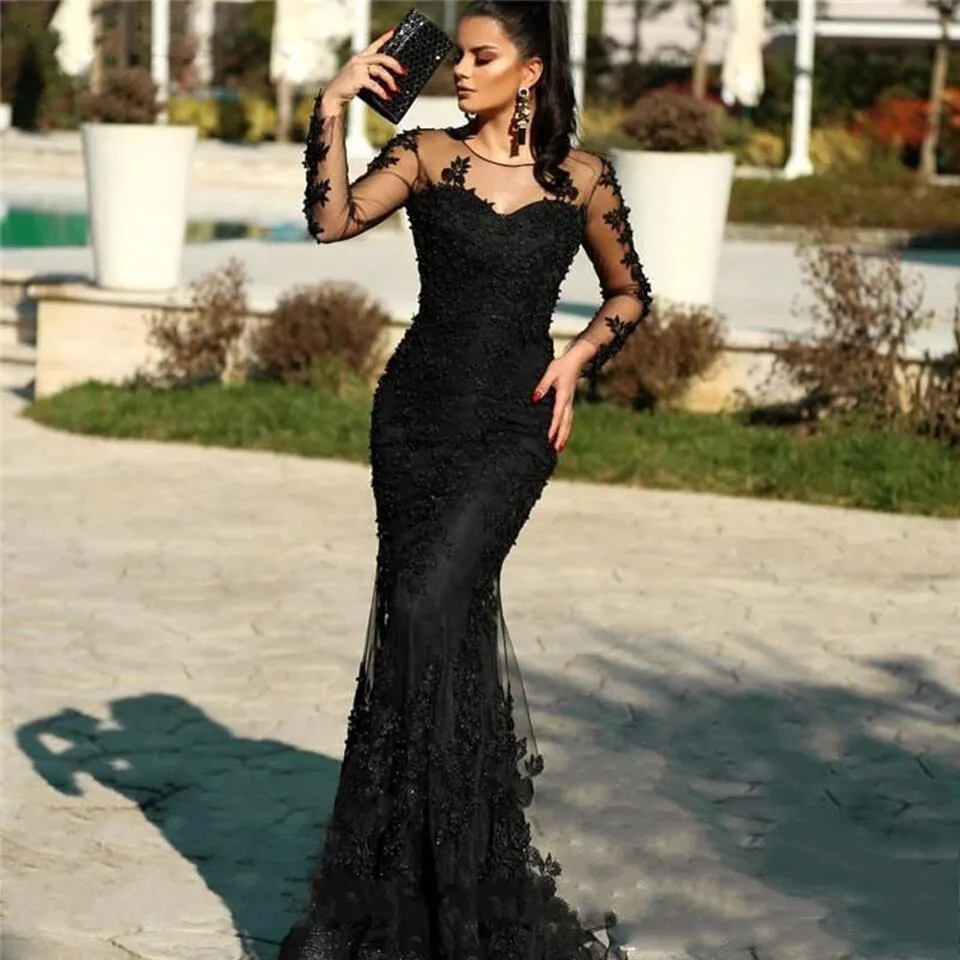 Black Long Lace Appliques Robe De Soiree Dress