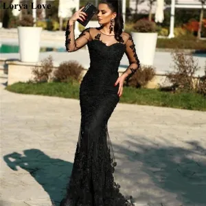Black Long Lace Appliques Robe De Soiree Dress