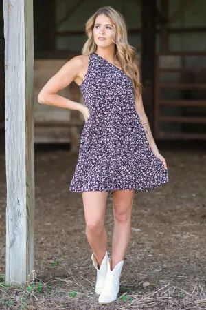 Black One Shoulder Floral Print Dress