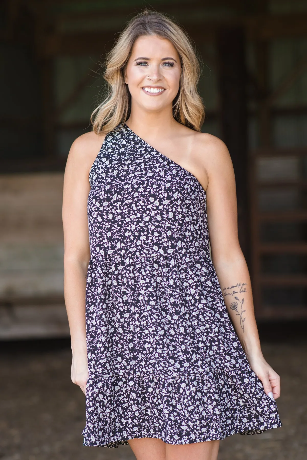 Black One Shoulder Floral Print Dress