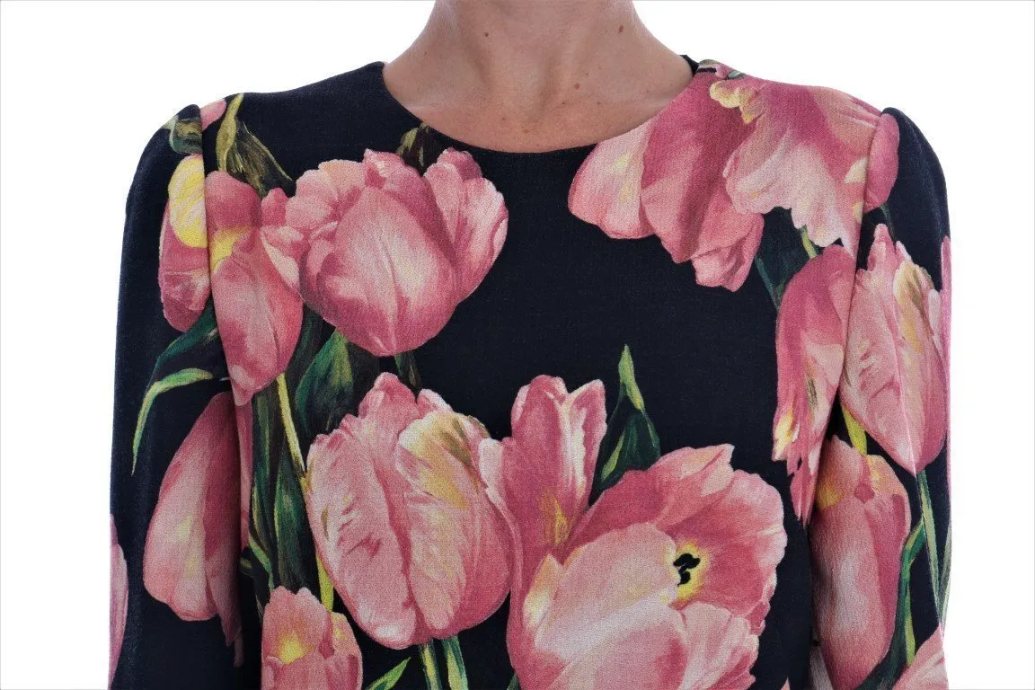 Black Pink Tulips Wool Sheath Dress