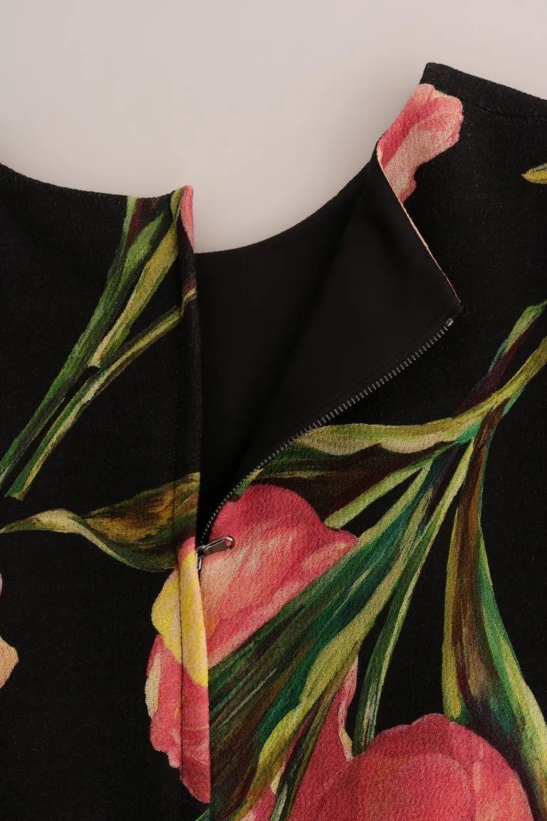 Black Pink Tulips Wool Sheath Dress