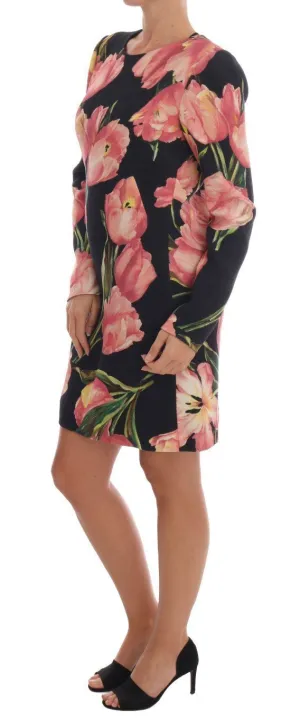 Black Pink Tulips Wool Sheath Dress
