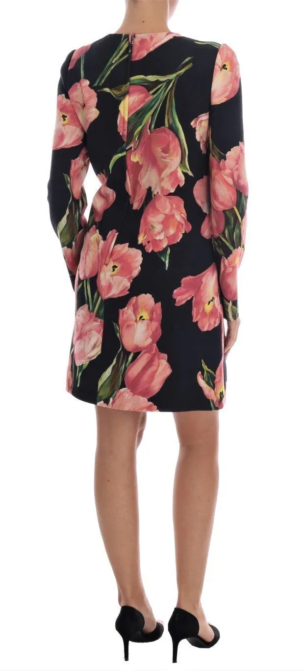 Black Pink Tulips Wool Sheath Dress