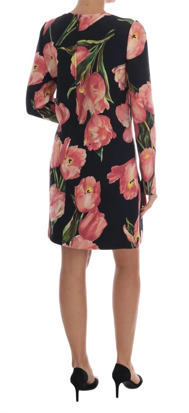 Black Pink Tulips Wool Sheath Dress