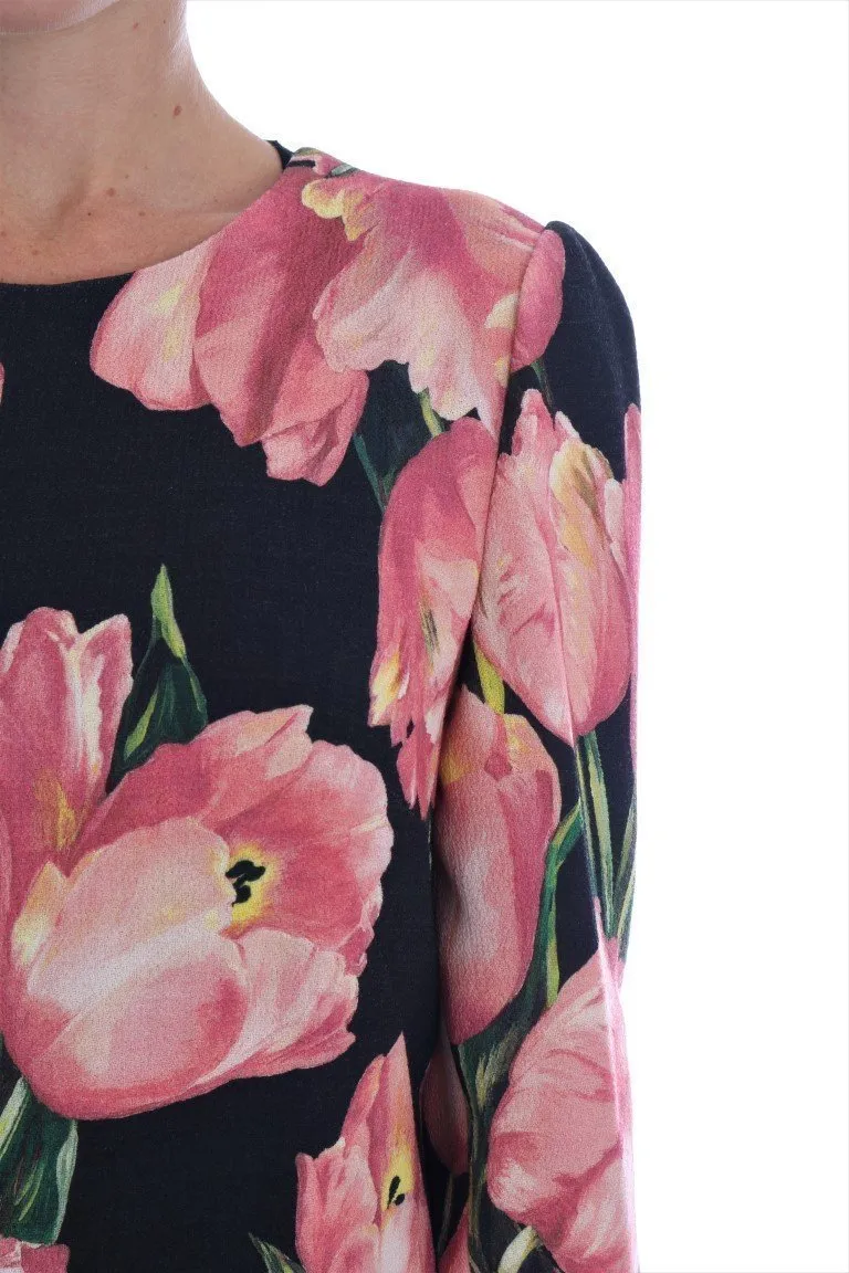 Black Pink Tulips Wool Sheath Dress