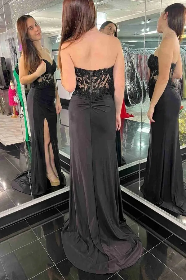 Black Satin Sheath Sweetheart Lace Corset Prom Dress, Evening Gown, MP877