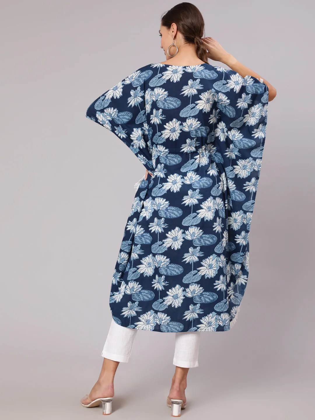 Blue Color Cotton Pigment Floral Printed Kaftan With With Laced Embellishments Paired With Solid White Pants