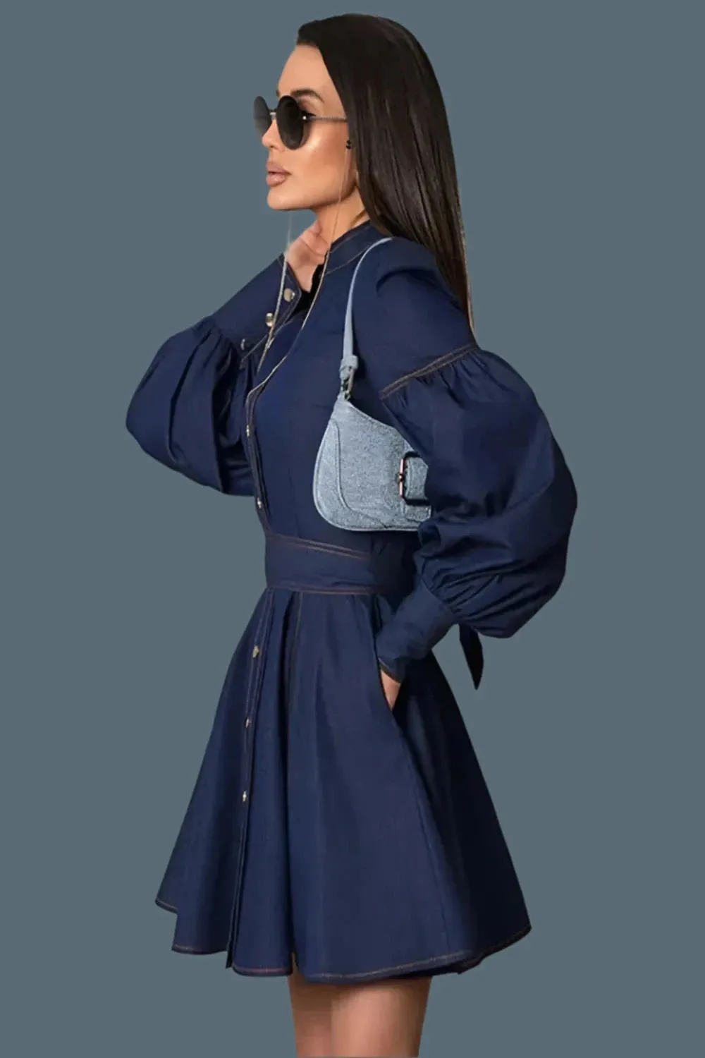 Blue Denim Empire Waist Mini Dress