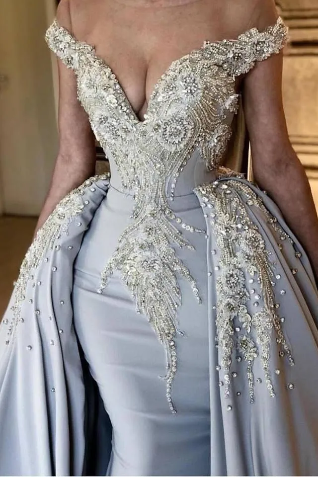Blue Off-the-Shoulder V-neck Mermaid Beading Appliques Prom Dresses With Overskirt
