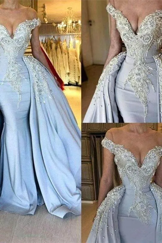 Blue Off-the-Shoulder V-neck Mermaid Beading Appliques Prom Dresses With Overskirt