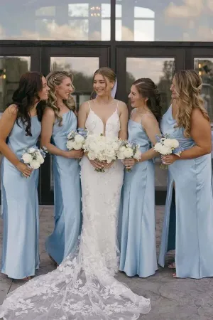 Blue Satin Sheath Spaghetti Straps Long Bridesmaid Dresses With Slit, MBD282