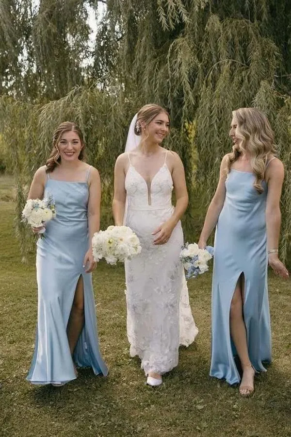 Blue Satin Sheath Spaghetti Straps Long Bridesmaid Dresses With Slit, MBD282
