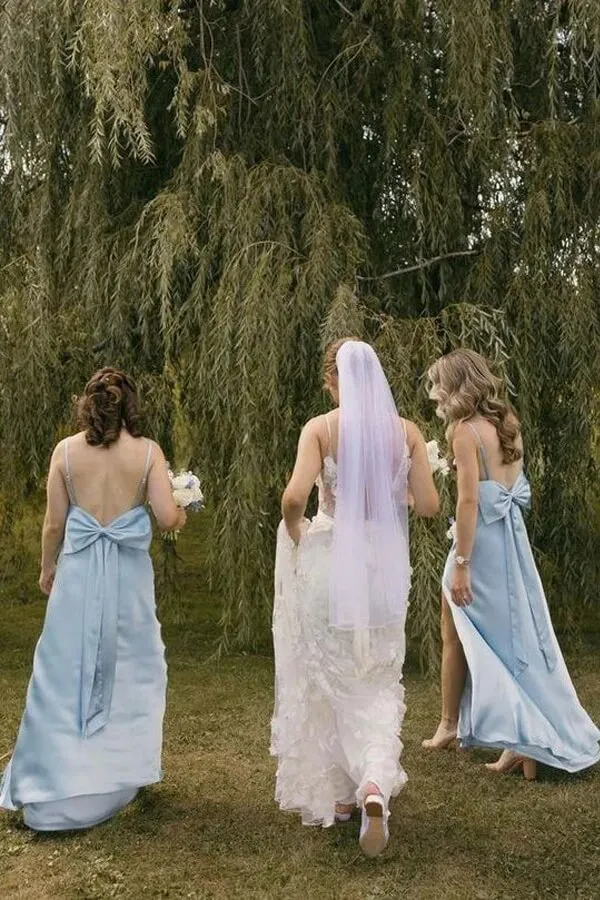 Blue Satin Sheath Spaghetti Straps Long Bridesmaid Dresses With Slit, MBD282